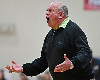 LISBON, OHIO - JANUARY 30, 2017: Head coach Ron Moschella of Columbiana shots at the referees after a call on the floor during the first half of their game Monday night at Lisbon High School. DAVID DERMER | THE VINDICATOR