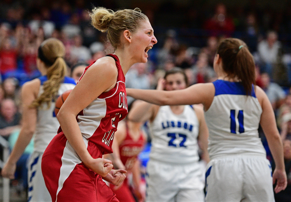LISBON, OHIO - JANUARY 30, 2017: Alexis Cross #20 of Columbiana celebrates after being fouled and making the basket during the second half of their game Monday night at Lisbon High School. DAVID DERMER | THE VINDICATOR