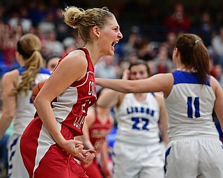 LISBON, OHIO - JANUARY 30, 2017: Alexis Cross #20 of Columbiana celebrates after being fouled and making the basket during the second half of their game Monday night at Lisbon High School. DAVID DERMER | THE VINDICATOR