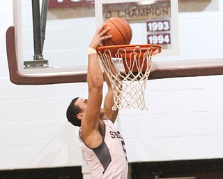 Boardman senior forward Travis Koontz(5) goes up for the dunk during the third quarter as Canfield High School takes on Boardman High School at Boardman High School  in Boardman on Tuesday, Jan. 31, 2017. Boardman won 51-44...(Nikos Frazier | The Vindicator)..