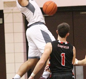 Boardman senior forward Travis Koontz(5) goes up for the dunk during the third quarter as Canfield High School takes on Boardman High School at Boardman High School  in Boardman on Tuesday, Jan. 31, 2017. Boardman won 51-44...(Nikos Frazier | The Vindicator)..