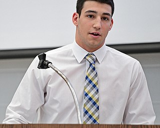 STRUTHERS, OHIO - FEBRUARY 1, 2017: A.J. Musolino, right, of Struthers speaks after signing his national letter of intent to play football at Kent State University, Wednesday afternoon at Struthers High School. DAVID DERMER | THE VINDICATOR