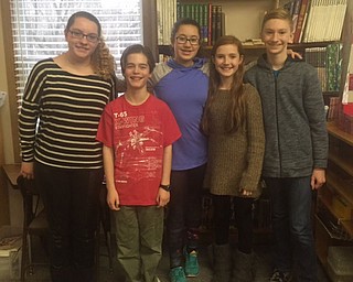 SPECIAL TO THE VINDICATOR: 
Four students and one alternate have been selected to represent the Montessori School of the Mahoning Valley on Thursday at the MathCounts competition at Youngstown State University. Students representing the school, from left, are Jessica Pritchard, seventh grade; Aidan Tomhave, sixth grade; Nina Dill, seventh grade; Lily Weiss, alternate, seventh grade; and Nathan Phillips, seventh grade. These students obtained the highest scores on a math test given to interested students at the school. A group of MSMV students meets every Wednesday for activities and exercises to improve their math skills under the supervision of volunteer parents Lora Phillips and Kelly Mills. For information visit www.msmv.org, call 330-788-4622 or email montessori@msmv.org.