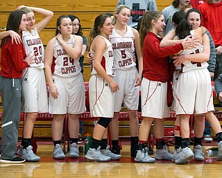 MICHAEL G TAYLOR | THE VINDICATOR- 02-04-17 -Basketball-  Late 4th qtr., Columbiana celebrates their undefeated season. Lady Basketball- Cardinal Mooney vs Columbiana Clippers at Columbiana High School in Richard Berryman Gymnasium, Columbiana,, OH