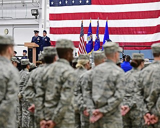 VIENNA, OHIO - FEBRUARY 4, 2017: Major General John P. Stokes speaks at the podium during the Assumption of Command Ceremony, Saturday morning at the Air Reserve Station in Vienna. DAVID DERMER | THE VINDICATOR