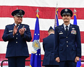 VIENNA, OHIO - FEBRUARY 4, 2017: Major General John P. Stokes claps his hands after introducing Colonel Daniel J. Sarachene during the Assumption of Command Ceremony, Saturday morning at the Air Reserve Station in Vienna. DAVID DERMER | THE VINDICATOR