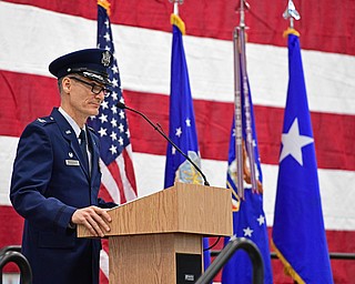 VIENNA, OHIO - FEBRUARY 4, 2017: Colonel Daniel J. Sarachene speaks at the podium during the Assumption of Command Ceremony, Saturday morning at the Air Reserve Station in Vienna. DAVID DERMER | THE VINDICATOR