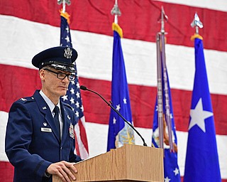 VIENNA, OHIO - FEBRUARY 4, 2017: Colonel Daniel J. Sarachene speaks at the podium during the Assumption of Command Ceremony, Saturday morning at the Air Reserve Station in Vienna. DAVID DERMER | THE VINDICATOR