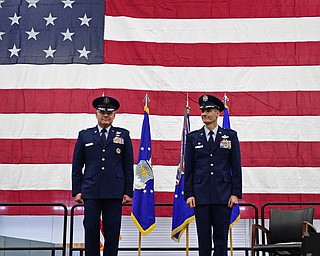 VIENNA, OHIO - FEBRUARY 4, 2017: Major General John P. Stokes and Colonel Daniel J. Sarachene stand on the stage during the Assumption of Command Ceremony, Saturday morning at the Air Reserve Station in Vienna. DAVID DERMER | THE VINDICATOR
