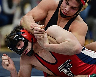 AUSTINTOWN, OHIO - FEBRYARY 4, 2017: Georgio Poullas of Canfield controls the back of Michael Ferree of Fitch during their 160lb championship bout Saturday night at Austintown Fitch High School. DAVID DERMER | THE VINDICATOR