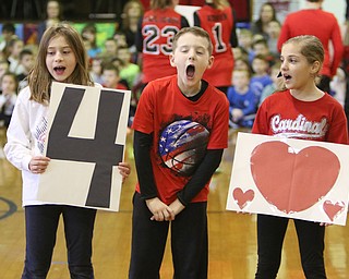        ROBERT K. YOSAY  | THE VINDICATOR..Jump for Heart as Fourth Graders at CH Campbell in Canfield.. displayed their gymnastic ability as they jumped rope in various forms..Cameron Zenko Topher (ok() Drombetta and  Larissa Palotsee open the display with a JUMP FOR YOUR HEART theme....