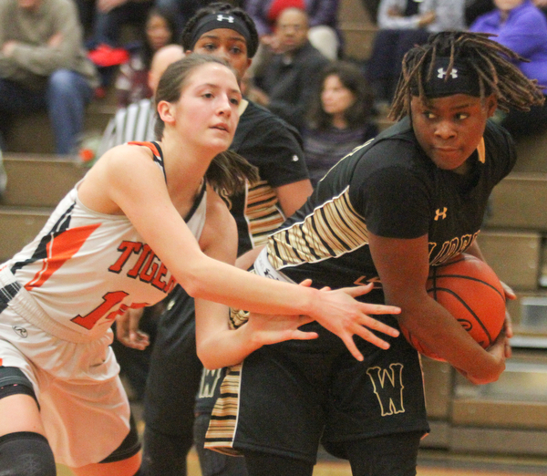 William D Lewis the vindicator  Howland's Kendyl Buckley(14) and HArding'sChiparis Alexander(21) go for the ball during Feb 8, 2017 action.
