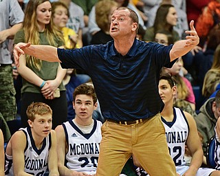 McDONALD, OHIO - FEBRUARY 10, 2017: Head coach Jeff Rasile pleads with the referee for a call during the first half of their game Friday night at Western Reserve High School. DAVID DERMER | THE VINDICATOR