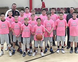 SPECIAL TO THE VINDICATOR:  
The seventh-grade basketball team of Salem Junior High School wore pink T-shirts at their last home game of the season. The shirts said “Supporting One of Our Own – Jette Beck,” in honor of teammate Darius Beck’s sister who recently had surgery to remove a cancerous tumor from her brain. Teammates wearing the shirts, in front from left, are Brock Young, Darius Beck, Sam Walter, Johnathon Null, Cameron Jaquette, Jack Wilson, Blaize Exline and Cory Reisen. In the second row are, Drew Weir, Logan Blissenbach, Cade Rohm, Carson Stockman, Hunter Carlisle, Davin Koskinen and Cory Wonner, coach. In back are, Derek Fredrick, coach, and Caleb Stockman.