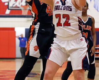 MICHAEL G TAYLOR | THE VINDICATOR- 02-11-17  -Basketball-  2nd qtr., Fitch's #22 Natalie Lynn and  Howland's #40 Kayla Clark go for the rebound. Lady Basketball- Howland Tigers vs Austintown Fitch Falcons at Austintown Fitch High School, Austintown, OH
