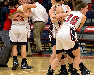 MICHAEL G TAYLOR | THE VINDICATOR- 02-11-17  -Basketball-  Fitch celebrates their victory over Howland 52-51. Lady Basketball- Howland Tigers vs Austintown Fitch Falcons at Austintown Fitch High School, Austintown, OH