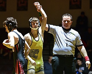 LIBERTY, OHIO - FEBRUARY 15, 2017: Jordan McFadden of Liberty has his arm raised after pinning Nick Dibble in their 106lb bout Wednesday night at Liberty High School. DAVID DERMER | THE VINDICATOR