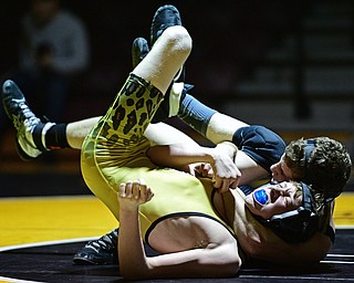 LIBERTY, OHIO - FEBRUARY 15, 2017: Alex DelGarbino of Girard controls the back of Tyler Wilson of Liberty during their 113lb bout Wednesday night at Liberty High School. DAVID DERMER | THE VINDICATOR