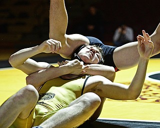 LIBERTY, OHIO - FEBRUARY 15, 2017: James Mortimer of Liberty thinks of his next move while being flipped by Shawn Thomas of Girard during their 132lb bout Wednesday night at Liberty High School. DAVID DERMER | THE VINDICATOR