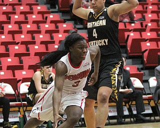 Youngstown State junior guard Indiya Benjamin(3) charges towards the basket as Northern Kentucky junior guard Mikayla Terry(4) steps back during the 2nd quarter as Northern Kentucky University takes on Youngstown State University, Thursday, Feb. 16, 2017 at the Beeghly Center at Youngstown State University. YSU won 77-73...(Nikos Frazier | The Vindicator)..