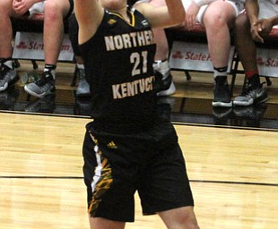 Northern Kentucky freshman guard Hannah Clark(21) with the jumper during the 2nd quarter as Northern Kentucky University takes on Youngstown State University, Thursday, Feb. 16, 2017 at the Beeghly Center at Youngstown State University. YSU won 77-73...(Nikos Frazier | The Vindicator)..