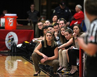Northern Kentucky head coach Camryn Whitaker looks at a referee after a foul during the 4th quarter as Northern Kentucky University takes on Youngstown State University, Thursday, Feb. 16, 2017 at the Beeghly Center at Youngstown State University. YSU won 77-73...(Nikos Frazier | The Vindicator)..