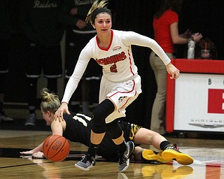 Youngstown State sophomore guard Alison Smolinski(2) charges down the court after stealing the ball from Northern Kentucky Taryn Taugher(11) during the 4th quarter as Northern Kentucky University takes on Youngstown State University, Thursday, Feb. 16, 2017 at the Beeghly Center at Youngstown State University. YSU won 77-73...(Nikos Frazier | The Vindicator)..