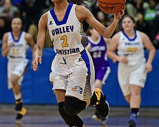 YOUNGSTOWN, OHIO - FEBRUARY 16, 2017: India Snyder #2 of Valley Christian dribbles up court during the first half of their game Thursday night at Valley Christian High School. DAVID DERMER | THE VINDICATOR