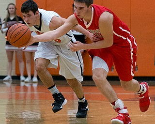 MICHAEL G TAYLOR | THE VINDICATOR- 02-17-17  -Basketball-  3rd qtr., Labrae's #10 Logan Kiser steals the ball from Howland's #33 Kevin Moamis.  Boys high School basketball Labrae Vikings vs Howland Tigers at Howland High School, Warren, OH
