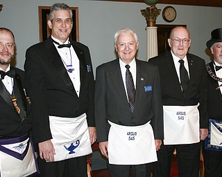 SPECIAL TO THE VINDICATOR
John N. Craig of Canfield and James R. Burnham of Youngstown were honored during the Argus Masonic Lodge 545 annual awards night Feb. 10. Both have been members for 25 years and each received a gold pin to commemorate the occasion. Robert W. Ridzon and Terry Whitford were honored guests. Denny Furman served as the master of ceremonies and photographer for the evening. From left, are Ridzon, Whitford, Burnham, Craig and Chuck Prachick. Masons in Ohio donate approximately $15 million annually to various charities through its Charitable Foundation. They also provided $97,000 in college scholarships this year. For information, go to www.freemason.com. For local information, visit www.arguslodge.info.