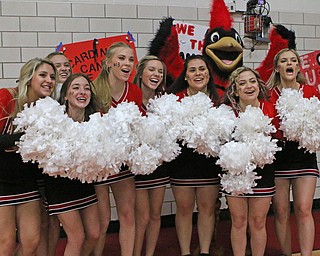 The Canfield High School cheerleaders perform a cheer during Friday nights matchup against Poland at Canfield High School.  Dustin Livesay  |  The Vindicator  2/17/17 Canfield High School.