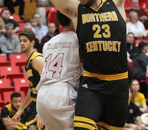 Northern Kentucky freshman forward Carson Williams(23) has some fancy footwork during the 1st half as Northern Kentucky takes on Youngstown State, Saturday, Feb. 18, 2017 at the Beeghly Center. Youngstown State won, 81-77...(Nikos Frazier | The Vindicator)..