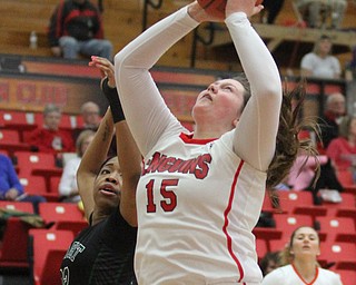 Youngstown State freshman forward Mary Dunn(15) goes up to the net for two during the 1st quarter as Wright State takes on Youngstown State, Saturday, Feb. 18, 2017 at the Beeghly Center. Wright State won 68-64...(Nikos Frazier | The Vindicator)..
