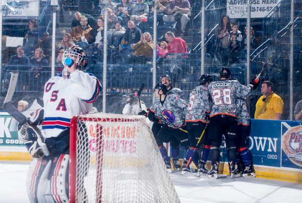 Scott R. Galvin | The Vindicator.The Youngstown Phantoms celebrate Youngstown Phantoms forward Coale Norris (44) first period goal against Team USA NTDP at the Covelli Centre on February 18, 2017.