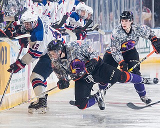 Scott R. Galvin | The Vindicator.Youngstown Phantoms forward Max Ellis (37) gets tripped up while chasing Team USA NTDP's Erik Middendorf (42) for the puck during the second period at the Covelli Centre on February 18, 2017.