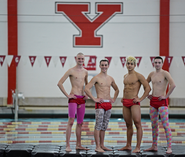 YOUNGSTOWN, OHIO - FEBRUARY 20, 2017: Cullen Brady, Luke Bennett, Kamran Sarac and Bobby Kutsch pose for a picture inside the natatorium at Youngstown State University, Monday afternoon. DAVID DERMER | THE VINDICATOR