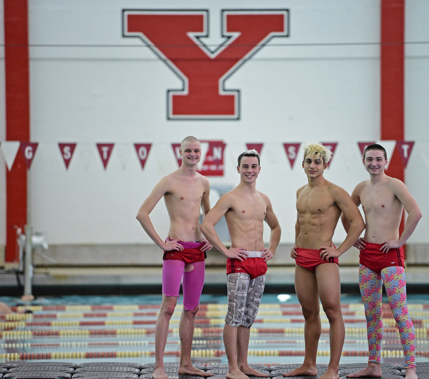 YOUNGSTOWN, OHIO - FEBRUARY 20, 2017: (LtoR) Cullen Brady, Luke Bennett, Kamran Sarac and Bobby Kutsch pose for a picture inside the natatorium at Youngstown State University, Monday afternoon. DAVID DERMER | THE VINDICATOR