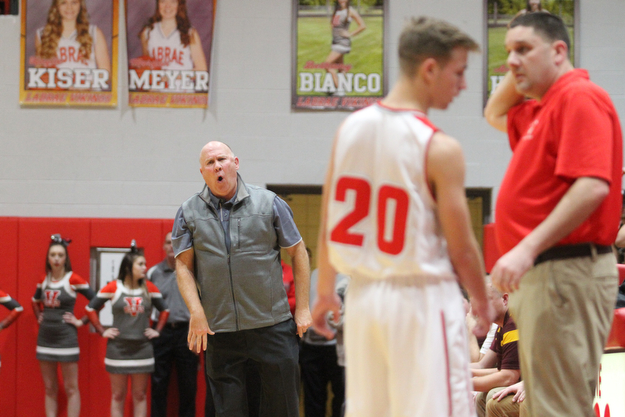 South Range head coach John Cullen reacts to a call during the 1st quarter as South Range takes on LaBrae, Tuesday, Feb. 21, 2017 at LaBrae High School in Leavittsburg. LaBrae won 55-50...(Nikos Frazier | The Vindicator)..