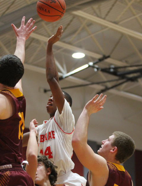 Tariq Drake(14) goes up for the rebound during the 2nd quarter as South Range takes on LaBrae, Tuesday, Feb. 21, 2017 at LaBrae High School in Leavittsburg. LaBrae won 55-50...(Nikos Frazier | The Vindicator)..