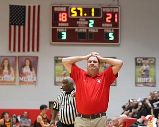 LaBrae head coach Chad Kiser reacts after a call during the 2nd quarter as South Range takes on LaBrae, Tuesday, Feb. 21, 2017 at LaBrae High School in Leavittsburg. LaBrae won 55-50...(Nikos Frazier | The Vindicator)..