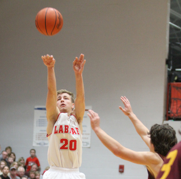 Benton Tennant(20) of LaBrae goes up for three during the 3rd quarter as South Range takes on LaBrae, Tuesday, Feb. 21, 2017 at LaBrae High School in Leavittsburg. LaBrae won 55-50...(Nikos Frazier | The Vindicator)..