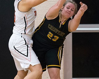 MICHAEL G TAYLOR | THE VINDICATOR- 02-22-17  -Basketball-  1st qtr., Crestview's #23 Bailie Bettura pass out of tight defense by Springfield's #15 Sara Chaszeyka. Lady Basketball Crestview Rebels  vs Springfield Tigers at New Middletown Springfield High School in New Middletown Springfield, OH.