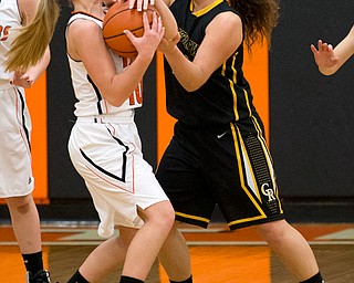 MICHAEL G TAYLOR | THE VINDICATOR- 02-22-17  -Basketball-  2nd qtr., Springfield's #10 Ellie Centofanti steals the ball from Crestview's #24 Emily Ferris. Lady Basketball Crestview Rebels  vs Springfield Tigers at New Middletown Springfield High School in New Middletown Springfield, OH.