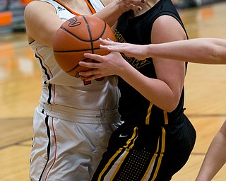 MICHAEL G TAYLOR | THE VINDICATOR- 02-22-17  -Basketball-  3rd qtr., Springfield's #15 Sara Chaszeyka defends against Crestview's #3 Alexis Gates. Lady Basketball Crestview Rebels vs Springfield Tigers at New Middletown Springfield High School in New Middletown Springfield, OH.