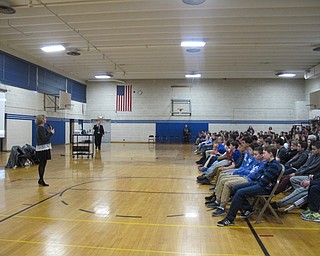 Neighbors | Alexis Bartolomucci.Sharon Fischer and James DeLucia spoke to the seventh- and eighth-grade students at Poland Middle School on Feb. 2 about internet safety.
