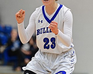 POLAND, OHIO - FEBRUARY 23, 2017: Bella Gajdos #23 of Poland celebrates after draining a three to tie the game at 41 as time expired in the first half of their game Thursday night at Poland High School. Southeast won 72-71. DAVID DERMER | THE VINDICATOR