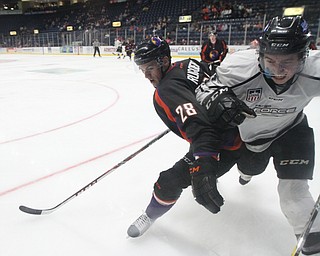 Phantoms defenseman Steve Ruggiergo(28) looks to box out Force forward Jack Adams(15) during the 1st period as the Fargo Force take on the Youngstown Phantoms, Friday, Feb. 24, 2017 at the Covelli Centre in Youngstown. The Phantoms won 2-1 in OT...(Nikos Frazier | The Vindicator)..