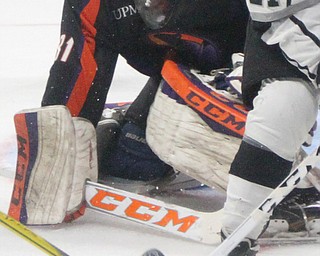 Phantoms goalie Ivan Kulbakov(31) watches players fight for the puck during the 1st period as the Fargo Force take on the Youngstown Phantoms, Friday, Feb. 24, 2017 at the Covelli Centre in Youngstown. The Phantoms won 2-1 in OT...(Nikos Frazier | The Vindicator)..
