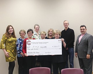 SPECIAL TO THE VINDICATOR
Columbiana Chamber of Commerce donated $5,800 to the Restoration and Beautification Committee during the board of directors meeting in February. The donation will be used for the renovation of Firestone Park. A bench will be placed in the park to honor the chamber. From left, are Lisa Long and Chris Davis, chamber directors; Ginny Perkins, chamber president; Vaughn Musser, Restoration and Beautification Committee member; Deann Davis, Deb Salmen, chamber directors; Pat Tingle, committee member; Doug Nybell, chamber director; and Randy Hart, chamber treasurer.