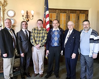 SPECIAL TO THE VINDICATOR
John Phillips and John Dalbec were sworn in as new members of the Mahoning Valley Chapter of the Sons of the American Revolution on Feb. 18. Present for the ceremony, from left, were Larry Perkins, chairman of Ohio Eastern District; Jonathan Guerrier, treasurer; Phillips and Dalbec; Phil Bracy, president; and Craig Campbell, registrar. The ceremony took place during the chapter’s President George Washington meeting at the Youngstown Country Club, and Perkins was the speaker. Sons of the American Revolution is a historical, educational and patriotic organization which seeks to maintain national institutions and values. Members of the organization are male descendants of those who served in the Revolutionary War or otherwise directly contributed to the nation’s independence. For information, email Bracy at pjbracy@outlook.com, or Campbell at cbcamp5@zoominternet.net.